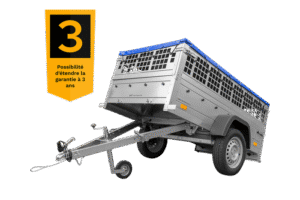 Remorque grillagée 200×106 avec bâche plate bleue, ridelles grillagées et roue jockey – Garden Trailer 200 KIPP