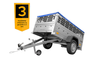 Remorque grillagée 200×106 avec bâche plate bleue, ridelles grillagées et roue jockey – Garden Trailer 200 KIPP